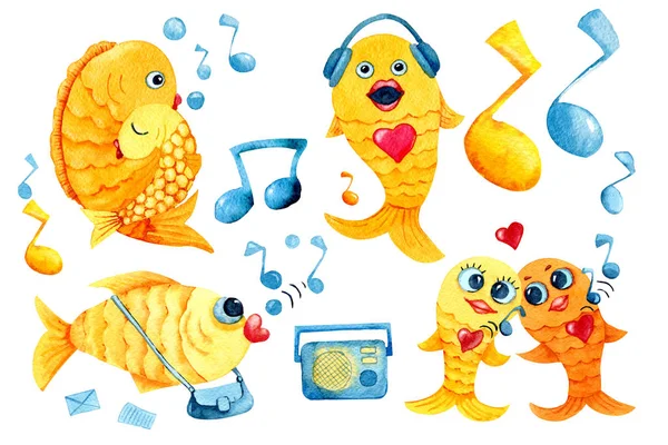 Poisson rouge chantant et dansant. Caractère de dessin animé à l'aquarelle. Dessin pour enfants avec poisson, notes et joueur pour la conception de l'impression, fond, couverture, papier peint, emballage, literie, scrapbooking — Photo