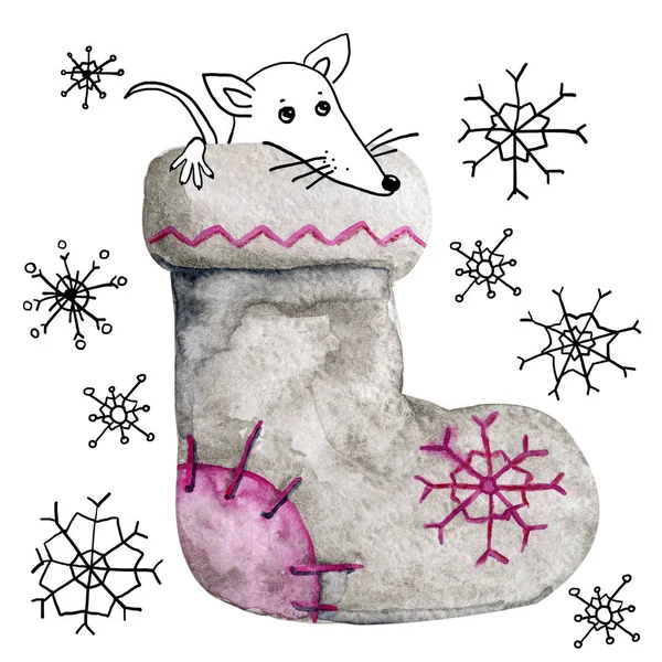 Een witte rat zit in een Kerst boot. Symbool van het nieuwe jaar 2020 muis, vilt laarzen, sneeuwvlokken op een witte achtergrond voor het ontwerp van een feestelijke banner, sjabloon, groeten, ansichtkaarten, covers, — Stockfoto