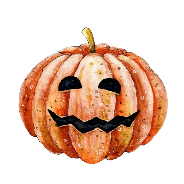 Legume de abóbora com rosto para decoração de férias de Halloween. Ilustração à mão aquarela para design de impressão, parede, banner, modelo, cartão, saudação — Fotografia de Stock