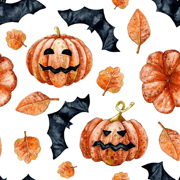 Pumpa grönsaken med ansikte och BAT för Halloween semester dekor. Sömlöst mönster. Akvarell hand illustration för design av tryck, vägg, banner, Mall, kort, hälsning, inbjudan, tapet, Pack — Stockfoto