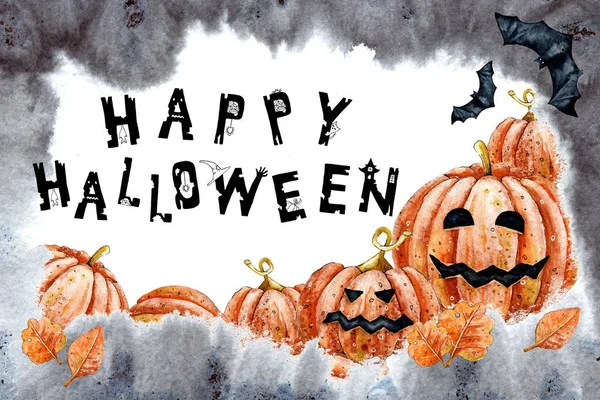 Betűk Happy Halloween. Fekete szakadt csipkézett betűk ünnep szimbólumok-pókháló, pók, még macska, sütőtök, vár, boszorkány kalap, egér. Kéz illusztráció a design egy banner, sablon, POS — Stock Fotó