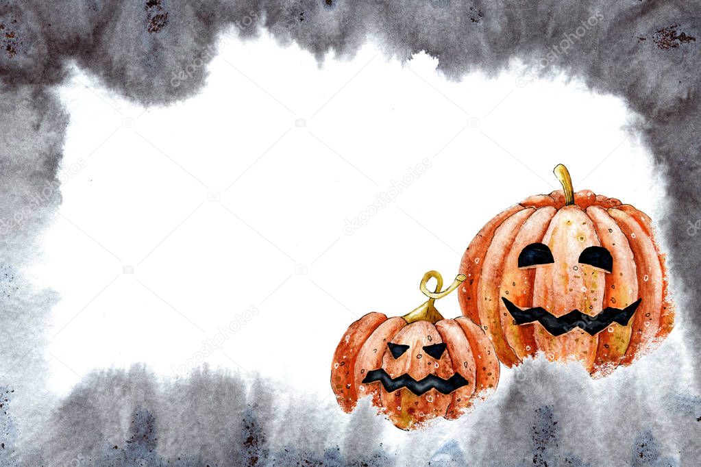 Lettering Happy Halloween. Black torn jagged letters with holiday symbols - spider web, spider, even cat, pumpkin, castle, witch hat, mouse. Hand illustration for the design of a banner, template, pos