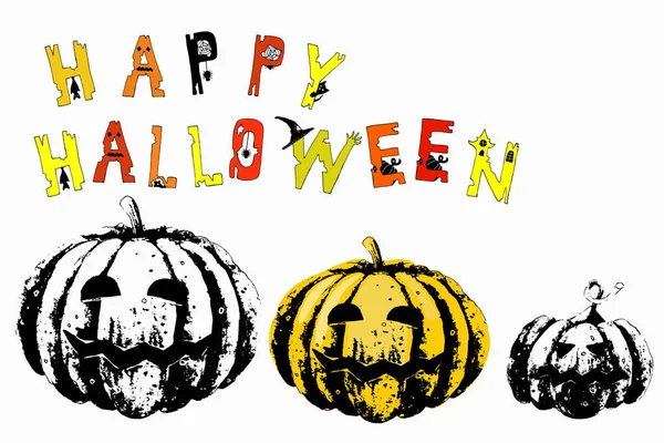 Betűk Happy Halloween. Színes szakadt szaggatott levelek ünnepi szimbólumok-pókháló, pók, macska, sütőtök, vár, boszorkány kalap, egér. Kézi vektor illusztráció tervezése egy banner, sablon, p — Stock Vector