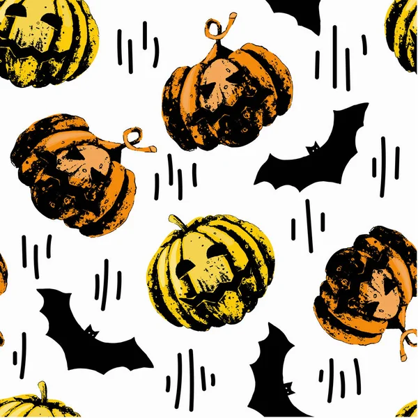 Dynia warzywna z twarzą i nietoperzem na Halloween dekoracje wakacje. Wektor bezszwowy wzór. Ilustracja rysowania rąk do projektowania druku, ściany, baner, szablon, karta, powitanie, zaproszenie, Tapeta, PAC — Wektor stockowy