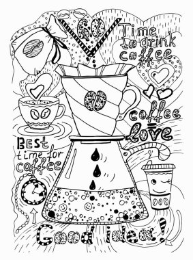 Bir kağıt filtre, pouver, huni, damlatma ile kahve demlemek için alternatif bir yol. Vektör illüstrasyon, kahve aksesuarları görüntü ile freehand doodle çizim, bir kafe tasarımı için, restaura