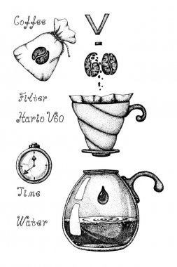Bir kağıt filtre, pouver, hipster, damlatıcı ile kahve demlemek için alternatif bir yol. Vektör illüstrasyon, bir kafe tasarımı için, kahve aksesuarları görüntü ile freehand doodle çizim