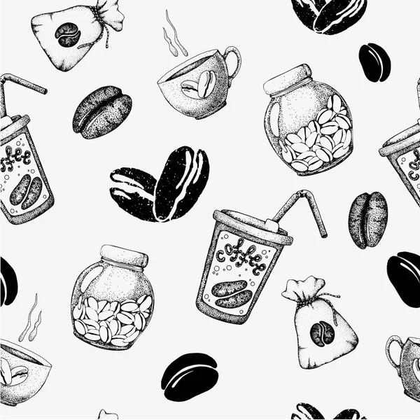 Naadloos patroon met koffie attributen in grafische stijl. Handgemaakte vector illustratie met een pot en een zak voor koffie, een kopje en korrels. Ontwerp van verpakking, wrappers, menu, behang, achtergrond, ca — Stockvector
