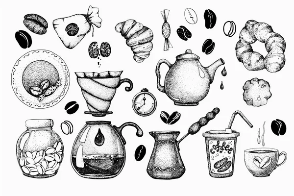 Vektorová ilustrace s vlastnostmi kávy a alternativním typem přípravy nápoje v nálevce. Kolekce pro nabídku designu, kavárna, restaurace, tabule, reklama, pozadí — Stockový vektor