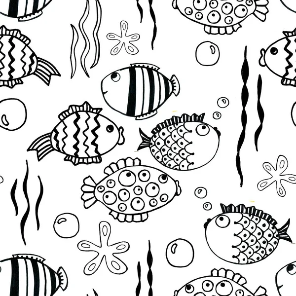 Nahtloses Muster mit Zeichentrickfischen. Handzeichnung mit einer Herde von Meerestieren. Kinderprodukte, Stoffe, Tapeten, Textilien. einfaches mono lineares modernes Design. — Stockfoto