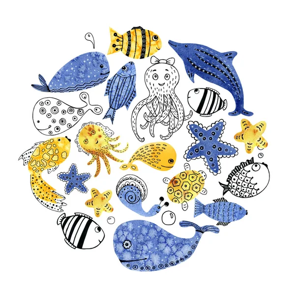 Set with cartoon animals of the underwater world. Sea mammals. Fish, whales, dolphins, algae for the design of children's products. Watercolor illustration.