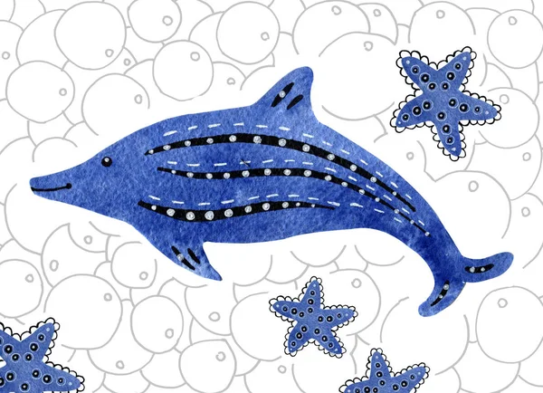 Zeichentricktiere der Unterwasserwelt. Meeressäuger. Delphine für die Gestaltung von Kinderprodukten. Aquarellillustration. — Stockfoto