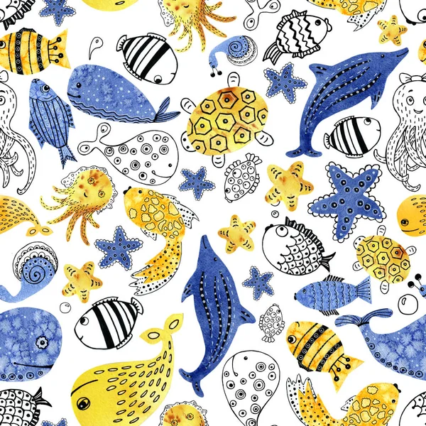 Nahtlose Patten mit Zeichentricktieren aus der Unterwasserwelt. Meeressäuger. Fische, Wale, Delfine, Algen für die Gestaltung von Kinderprodukten. Aquarellillustration. — Stockfoto