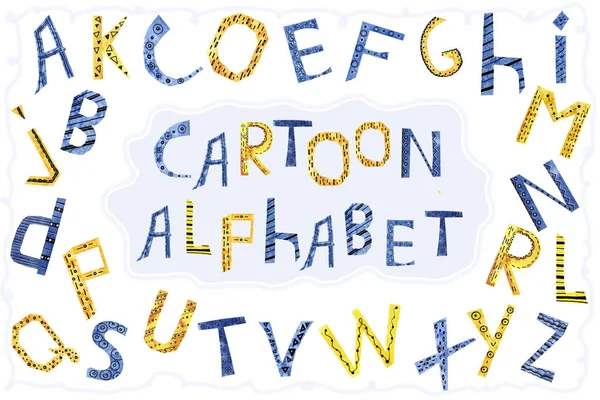 Zeichentrickbuchstaben des englischen Alphabets. Aquarell-Handillustrationscollage aus Papier. für die Gestaltung von Kinderprodukten, Banner, Hintergrund, Einladungen, Grüße, Scrapbooking, Drucke. — Stockfoto