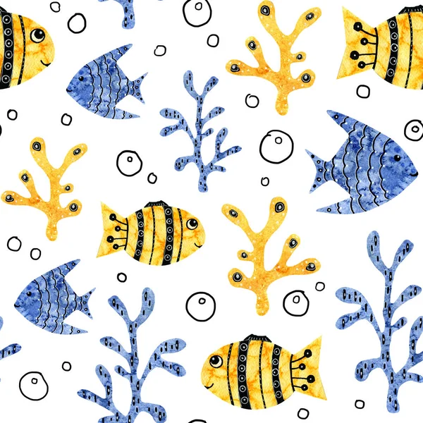 Seamless patten border with cartoon animals of the underwater world. Fish, sea, seaweed, ocean for the design of children\'s products. Watercolor hand drawn illustration.