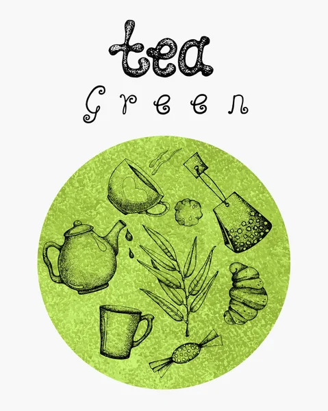 Illustrazione vettoriale con attributi di tè verde e bkack e dolci. Collezione per menu di design, caffè, ristorante, lavagna, pubblicità, banner, sfondo — Vettoriale Stock
