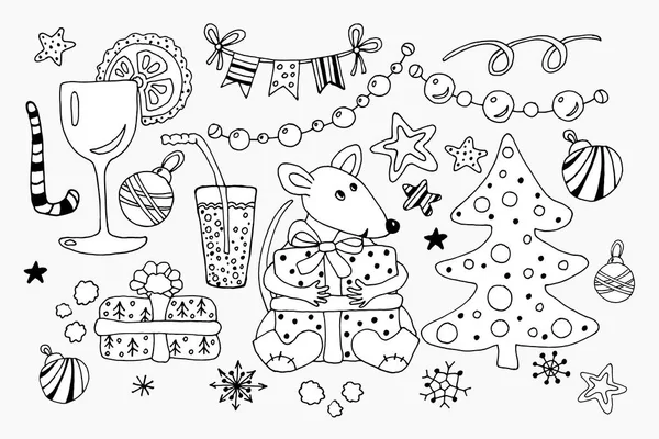 2020 hand drawn doodles horizontal illustration. Big set, New Year and Christmas objects and elements. For design creative cartoon holidays art background. Vector drawing — Stock Vector