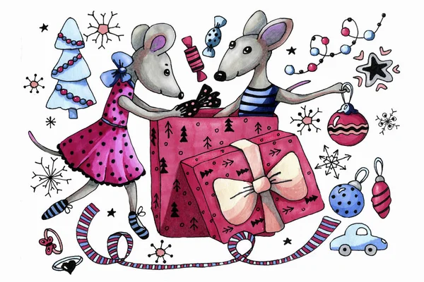 Junge und Mädchen in einem Anzug aus Ratte, Maus, feiern Neujahr, packen Geschenke aus. Winter, Weihnachten handgezeichnete Illustration mit dem Symbol des chinesischen Neujahres 2020. Bühnenbild von Kinderprodukten. — Stockfoto