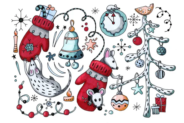 Cartoon rats, mice, the symbol of the New Year 2020 play with festive winter mittens and decorate the Christmas tree. Hand drawn illustration for the design of childrens and Christmas products. — Stock Photo, Image