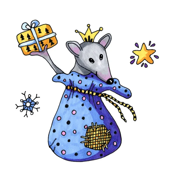 Kreskówka szczur, mysz, symbol 2020, przygotował niespodziankę i daje prezenty. Rysunek ręczny ilustracja akwarela dla projektowania dzieci i produktów świątecznych. — Zdjęcie stockowe
