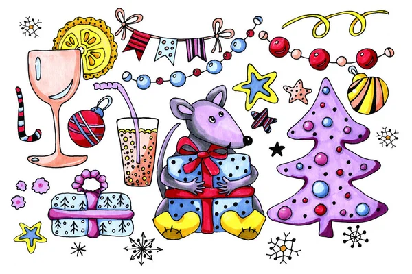 Cartoon dier rat, muis, symbool 2020, bereid een verrassing en geeft geschenken. Hand tekening aquarel illustratie voor het ontwerp van de kinderen en Kerst producten. — Stockfoto