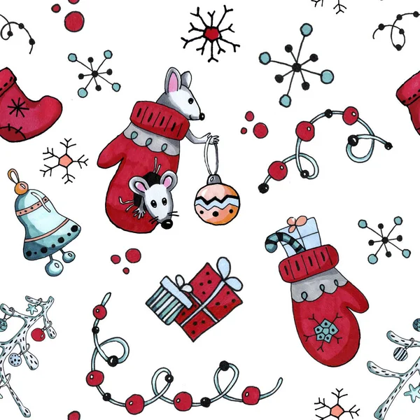 Seamless pattern with Christmas tree, rat, mouse, gifts, garlands, for the decor of New Year. Hand drawing watercolor. Cartoon animals, symbol of 2020, live in mittens and celebrate the holiday. — Stock Photo, Image