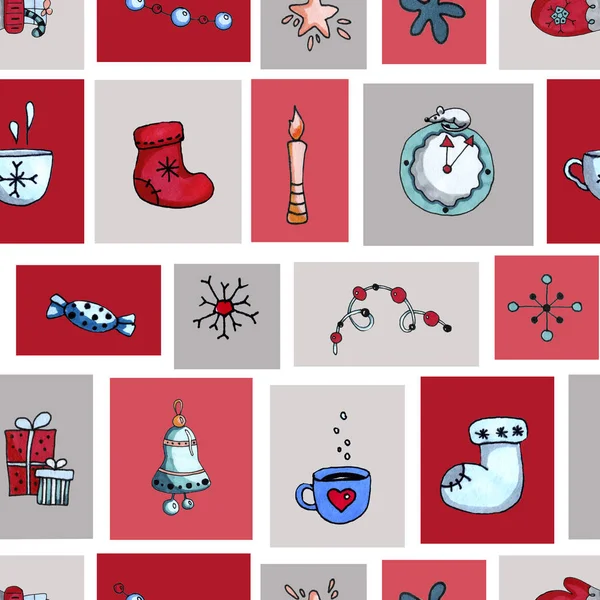 Seamless pattern of squares, patchwork, Christmas elements, decor of New Years packaging, wallpapers. Hand-drawn watercolor illustration with felt boots, snowflakes, candle, garland, rat, mouse. — Stock Photo, Image