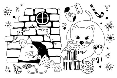 2020 yılının sembolü bir fare, bir Noel ağacını vizona sürüklüyor ve hediye dolu bir çantadan saklanıyor. Yeni Yıl ve Noel ürünleri tasarımı için el çizimi vektör çizimi.