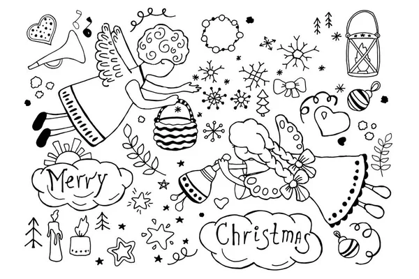 Christmas angels - a boy and a girl invite to a holiday, ring a bell and sow snowflakes. Hand drawn linear vector doodle illustration for the design of New Year and Christmas products. — Stock Vector