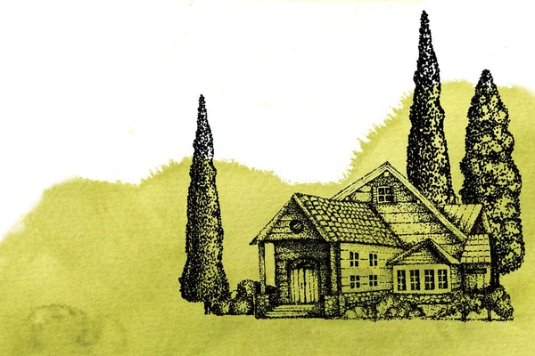 Haus und Bäume im Dorf, Bauernhof-Plantage auf einem grünen Olivenfeld, Hügel, südliche Provinz. Handzeichnungslinie, Punkte auf einem Aquarellfleck. Landschaft mit landwirtschaftlichen Feldern, Bergen. — Stockfoto