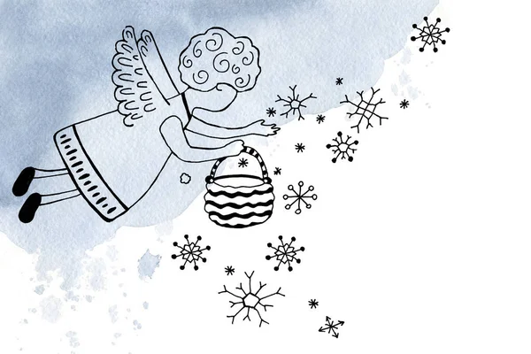 Kerst engelen - een jongen uit te nodigen voor een vakantie, zaaien sneeuwvlokken. Met de hand getekend lineaire doodle illustratie voor het ontwerp van Nieuwjaar en Kerstmis producten, achtergrond, sjabloon, banner, ansichtkaart. — Stockfoto