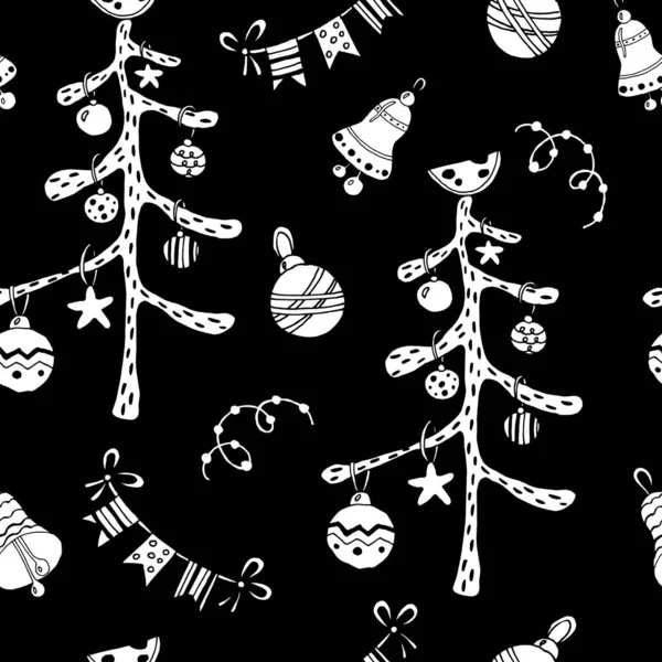 Seamless pattern with Christmas tree and toys on a black background. Hand-made vector illustration for holiday design, new year, christmas, background, pattern, backdrop, wallpaper, wrapper. — Stock Vector