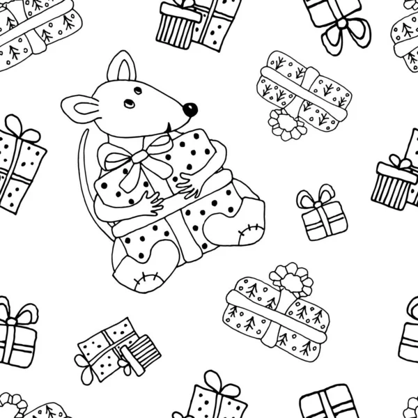 Seamless pattern with christmas elements. Symbol 2020 rat, mouse with gifts. Hand made vector illustration for new year design, pattern, wallpaper, packaging, wrapper. — Stock Vector