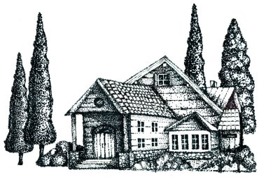 Bir kır evinin mimarisi, bir kırsal hacienda, bir yazlık ev, güney eyaletinde bir villa. El çizimi ve noktalar, beyaz arkaplanda grafikler.