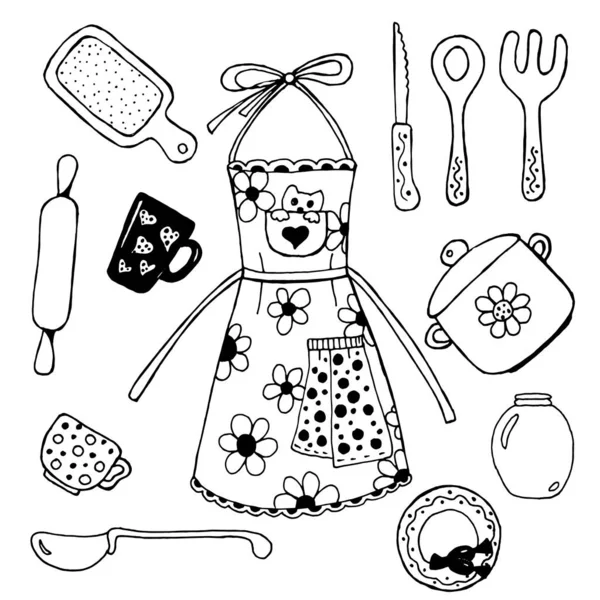 Tablier de cuisine et ustensiles de cuisine. Bouilloire, tasse, assiette, cuillère, fourchette, couteau, pot, boîte. Illustration vectorielle dessinée main . — Image vectorielle