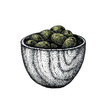 Bir kaptaki zeytinlerin meyveleri. Hasat, hasat, yemek. Pankart tasarımı, şablon, kozmetik ürünler, kartvizitler, reklamcılık, menü, baskı için elle çizilmiş grafik tasarımı.