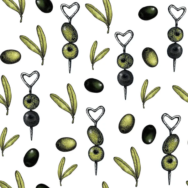 Sömlös mönster med en illustration av svarta och gröna oliver på en vit bakgrund med kvistar och löv. Design för olivolja, förpackning, naturkosmetik, hälsoprodukter, bakgrundsbilder — Stockfoto