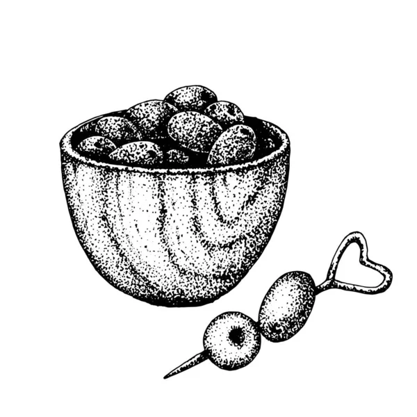 Frutos de aceitunas en una taza. Cosechar y cosechar, cocinar. Diseño de ilustración vectorial dibujado a mano para diseño de pancartas, plantillas, productos cosméticos, tarjetas de visita, publicidad, menú, impresión . — Vector de stock