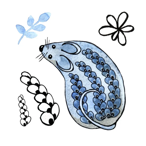 Akwarelowa ilustracja z myszą, szczurem, ozdobiona kwiatami i gałązkami. Eleganckie kreskówkowe zwierzę w oczekiwaniu na wakacje. Rysunek ręczny z symbolem Nowego Roku 2020. — Zdjęcie stockowe