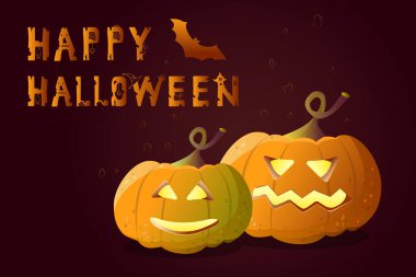 Mutlu Cadılar Bayramı afişleri. Tatil sembollü yırtık pırtık harfler - örümcek ağı, örümcek ağı, kedi, balkabağı, kale, cadı şapkası, fare ve balkabağı. Vektör illüstrasyonu.