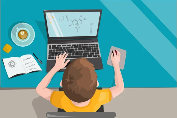 Remote home-based online training. A schoolboy with a computer sits at a table in his house and listens to a school lesson. Vector flat illustration. Concept of individual and distance learning. — Stock Vector