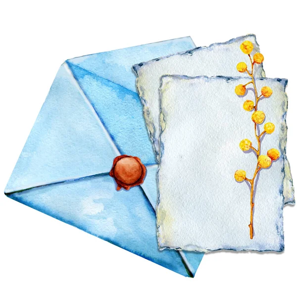 Ett kuvert gammalt papper med brev, vaxförsegling och mimosa. Handritad akvarell närbild illustration. För designkoncept för post, korrespondens, meddelande, bakgrund, mall. — Stockfoto