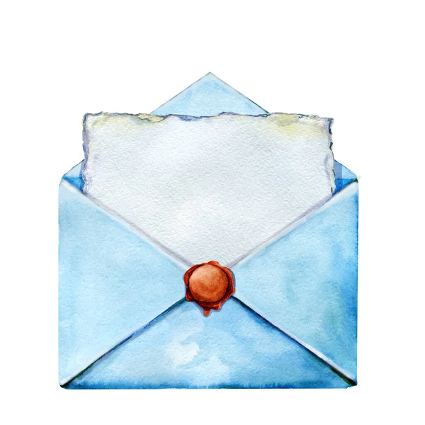 Une enveloppe de vieux papier avec une lettre, un sceau de cire et du mimosa. Aquarelle dessinée à la main illustration en gros plan. Pour les concepts de conception de courrier, correspondance, message, arrière-plan, modèle . — Photo