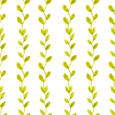 Çalı çırpı ve yapraklarla kusursuz desen. Beyaz arka planda el boyası çizimi. Kumaş, duvar kağıdı, ambalaj, kapak, hatıra defteri, dijital kağıt tasarımı için elementler.