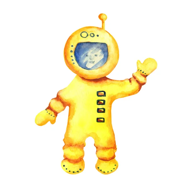 宇宙服を着た宇宙飛行士は手を振っている 白を基調とした手水彩イラスト 男の子 カバー プリント クリップのための子供製品のデザイン — ストック写真