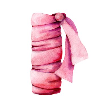 Pembe hediye kurdelesi, çiçekleri selamlamak, buketler. El boyası çizimi beyaz arkaplanda izole edilmiş. Tasarım şablonu, tebrik kartı, düğün, doğum günü, kapak, kapak, paketleme, ambalaj.