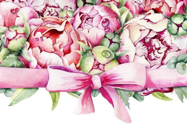 Ευχετήρια κάρτα πρότυπο με παιώνιες, τριαντάφυλλα λουλούδια, φύλλα ευκαλύπτου και κορδέλα δώρου, τόξο. Χέρι ακουαρέλα εικόνα απομονώνονται σε λευκό φόντο. Σχεδιασμός γάμου, χαιρετισμοί, Ημέρα του Αγίου Βαλεντίνου — Φωτογραφία Αρχείου