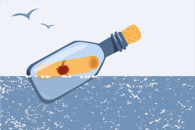 İçinde mesaj olan bir şişe denizde yüzüyor. Vektör çizimi. Çocuk ürünleri tasarımı