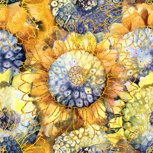 Seamless pattern with watercolor flowers of sunflower, daisies and leaves. Illustration for printing on fabric, wallpaper, packaging, wrapper, wall, background, template, greeting card.