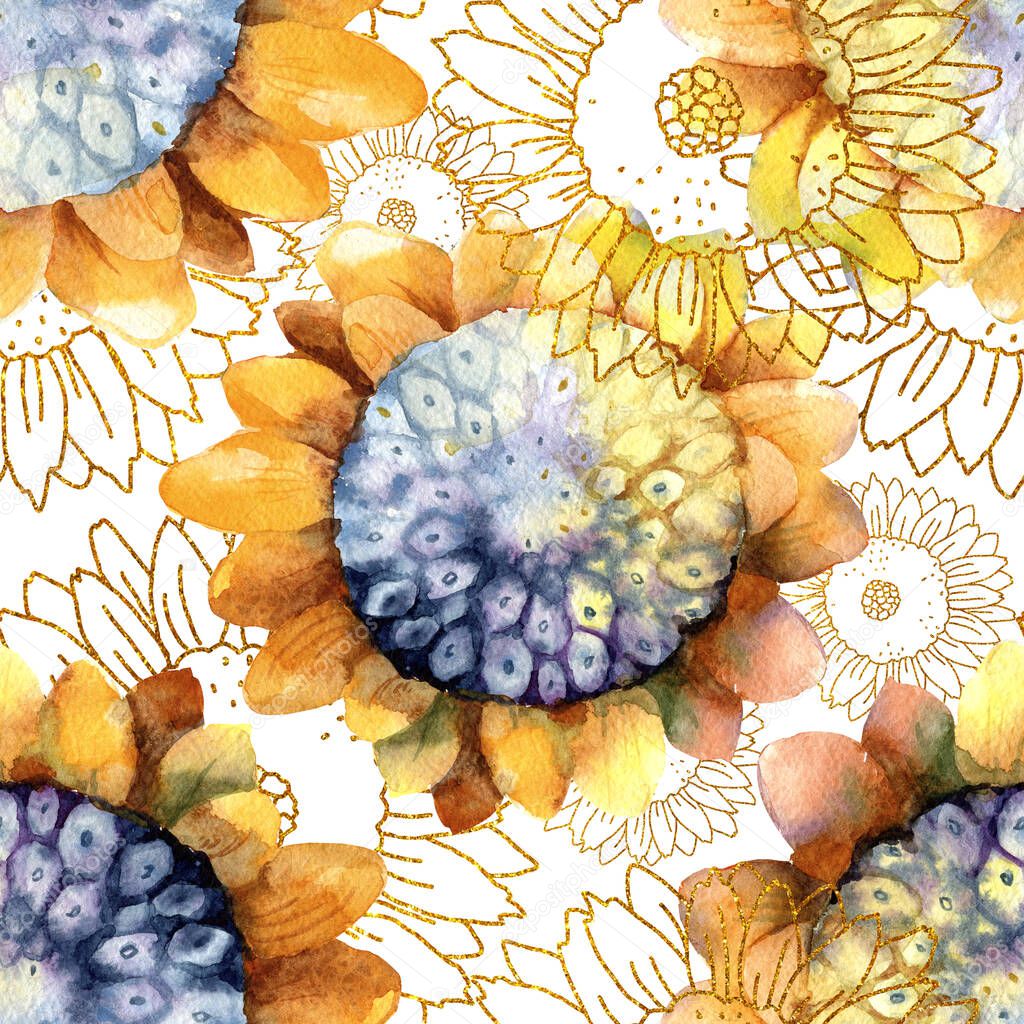 Seamless pattern with watercolor flowers of sunflower, daisies and leaves. Illustration for printing on fabric, wallpaper, packaging, wrapper, wall, background, template, greeting card.