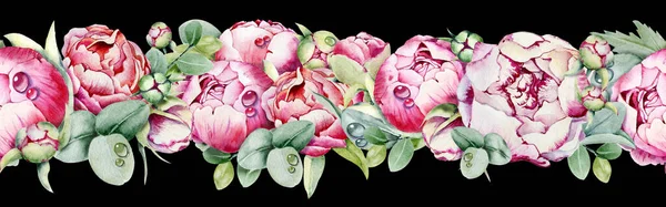 Απρόσκοπτη μοτίβο με λουλούδια παιώνιες, τριαντάφυλλα, φύλλα ευκαλύπτου, σταγόνες δροσιάς. Χειροποίητη ακουαρέλα. Σχεδιασμός για φόντο γάμου, πρότυπο, πρόσκληση, ύφασμα, ταπετσαρία, περιτύλιγμα — Φωτογραφία Αρχείου